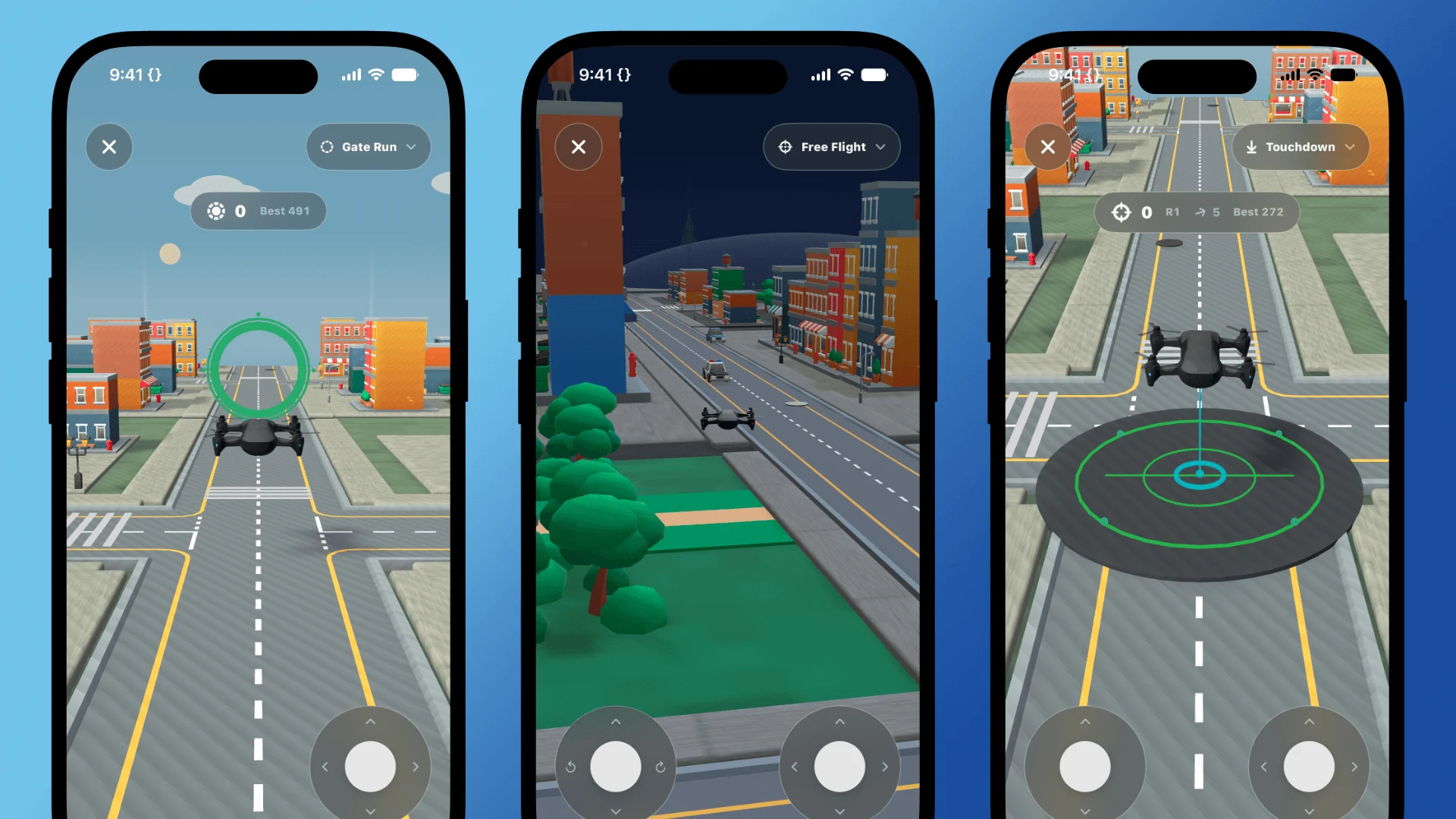 Flyby’s Gate Run, Free Flight, and Touchdown simulation modes.