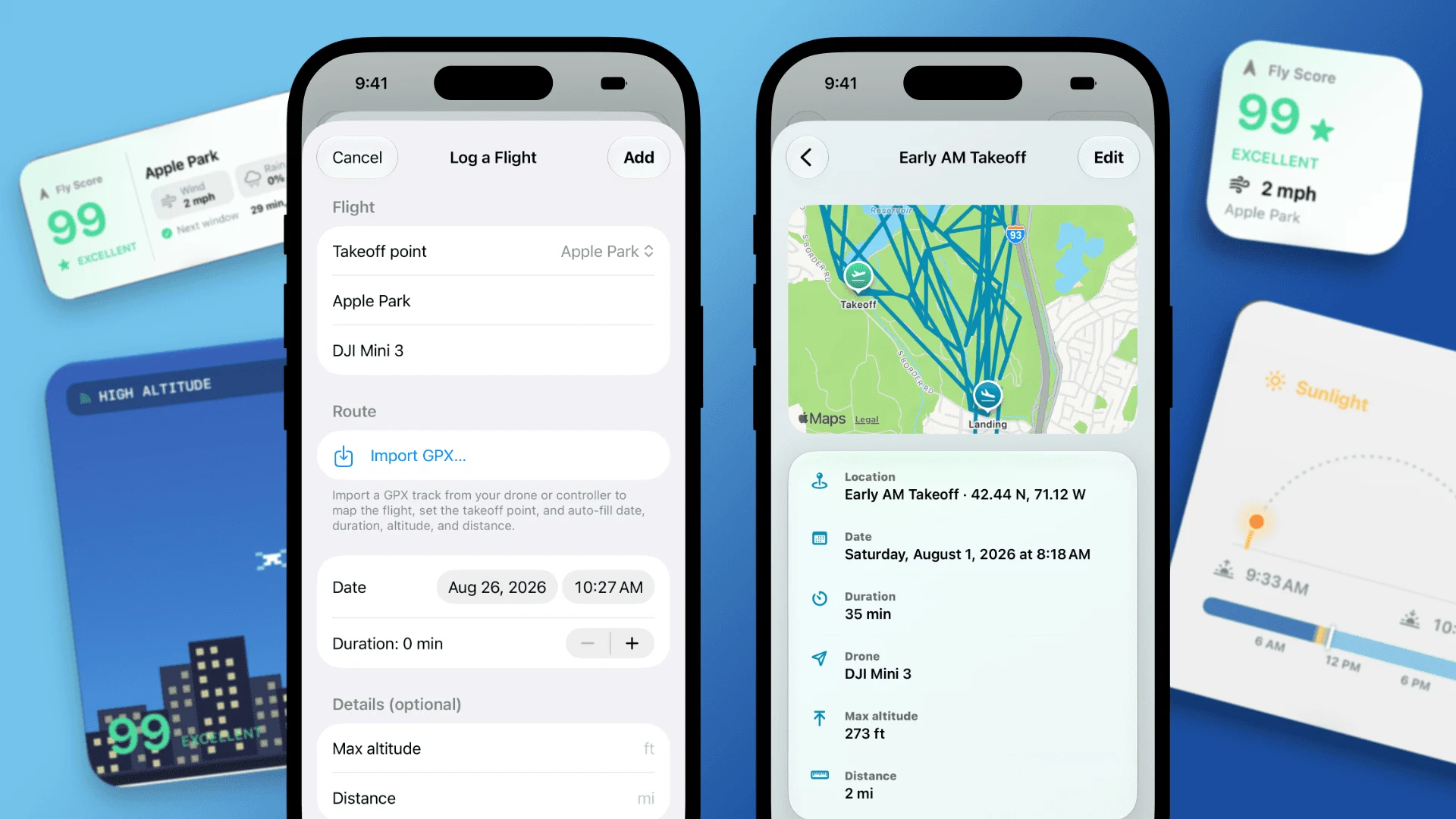 Flyby screens for importing a flight and reviewing its route and flight details.