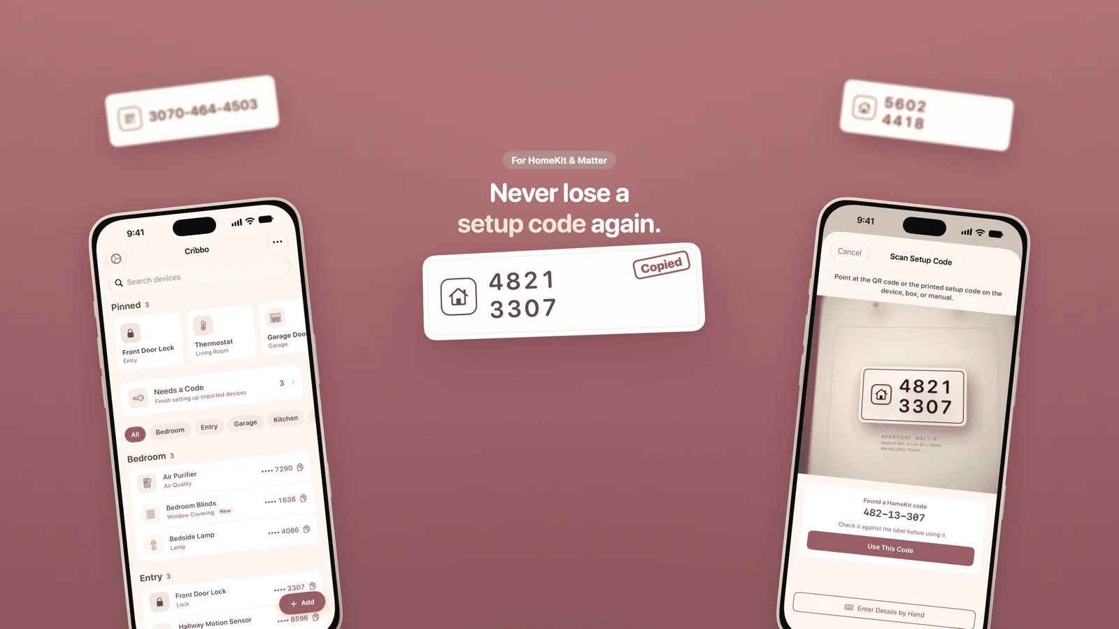 Cribbo on two iPhones, showing a home’s devices and scanning a setup code.