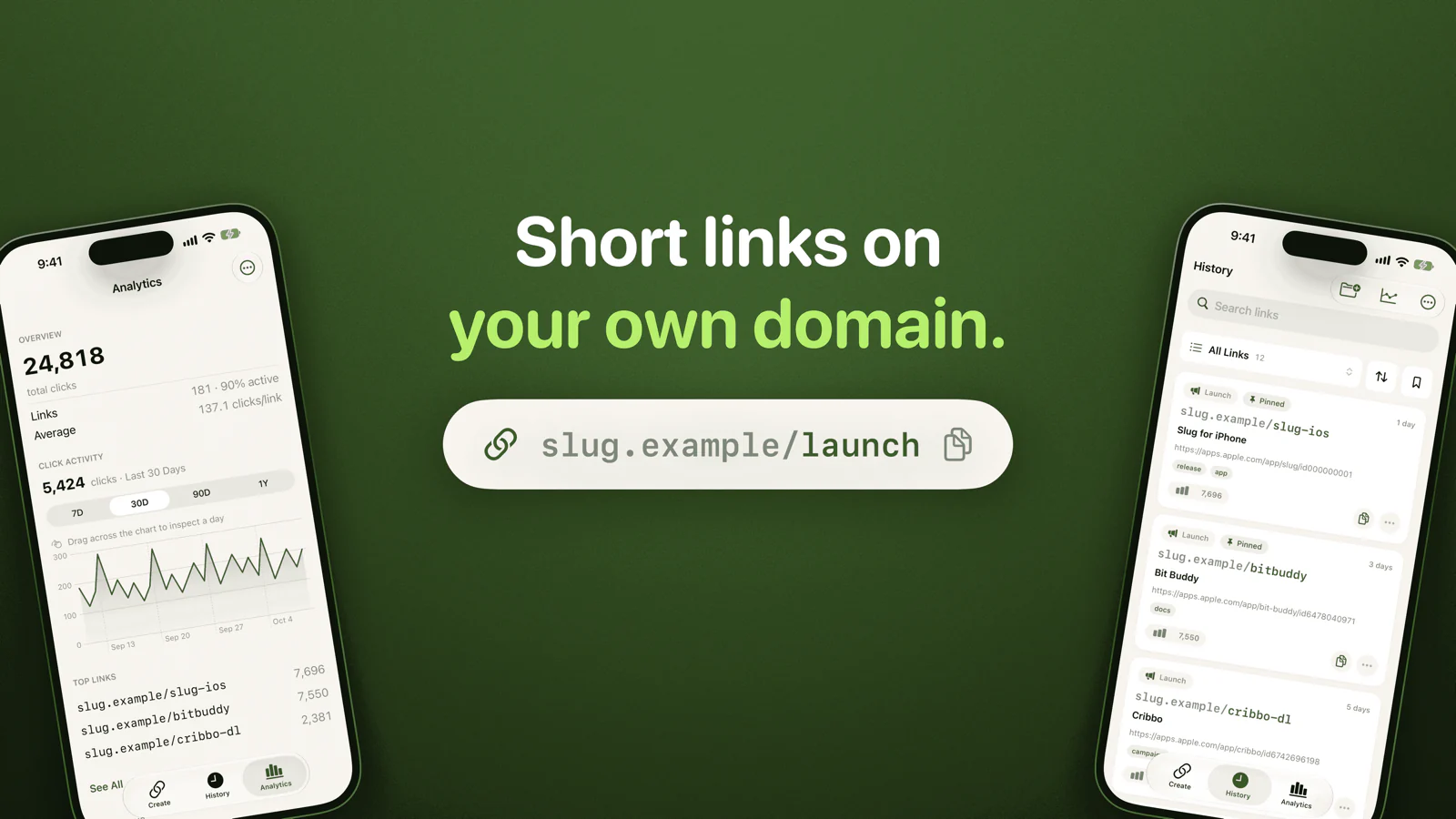 Slug on two iPhones, showing click analytics and a history of short links.